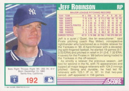 1991 Score #192 Jeff Robinson NM-MT New York Yankees Baseball Card Image 2