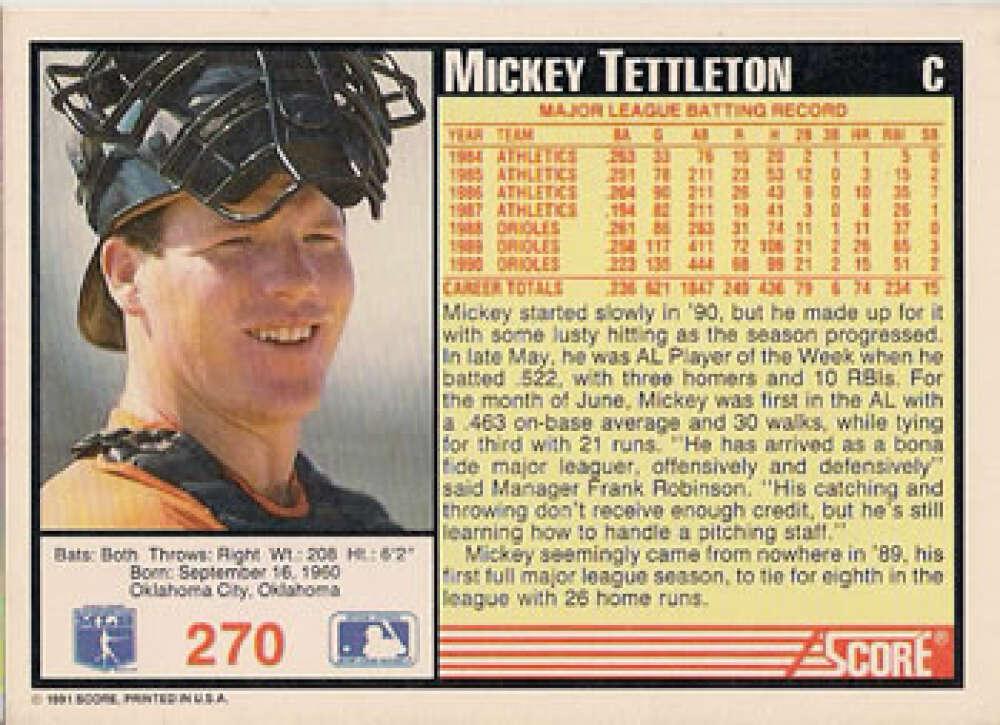 1991 Score #270 Mickey Tettleton NM-MT Baltimore Orioles Baseball Card Image 2