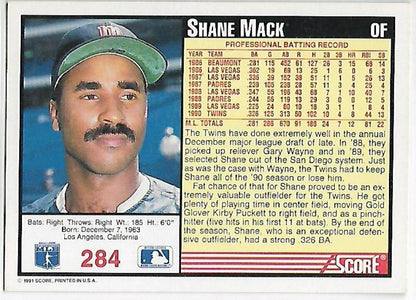 1991 Score #284 Shane Mack NM-MT Minnesota Twins Baseball Card Image 2