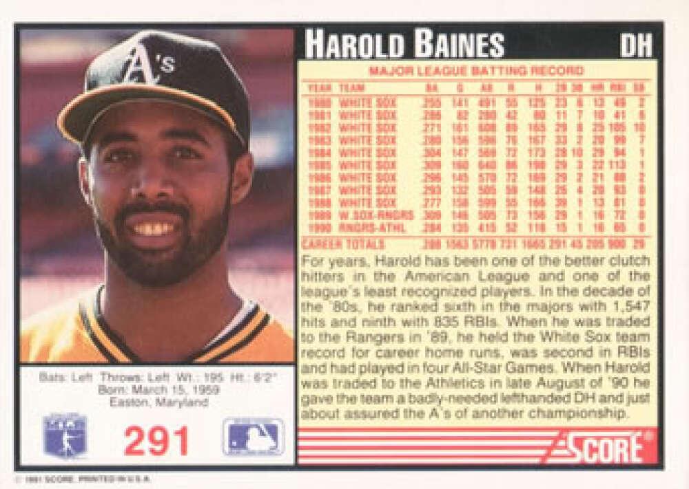 1991 Score #291 Harold Baines NM-MT Oakland Athletics Baseball Card Image 2