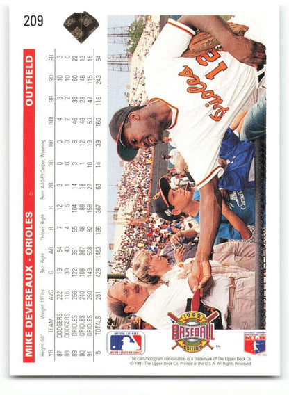 1992 Upper Deck #209 Mike Devereaux NM-MT Baltimore Orioles Baseball Card Image 2