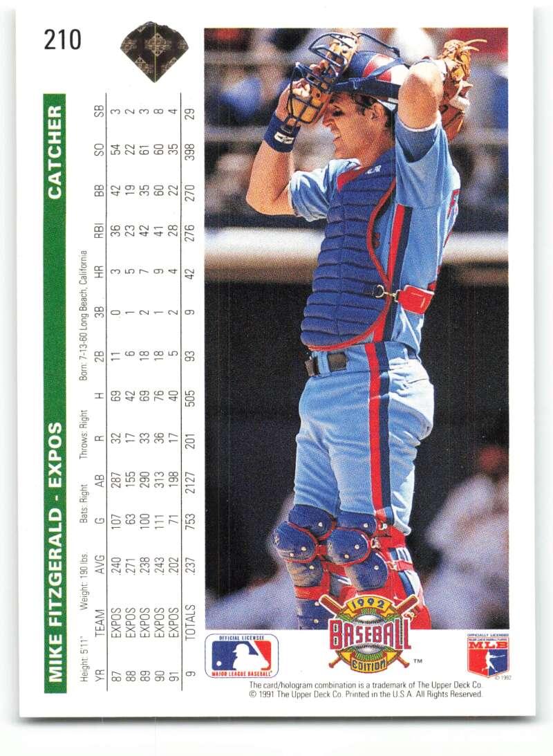 1992 Upper Deck #210 Mike Fitzgerald NM-MT Montreal Expos Baseball Card Image 2