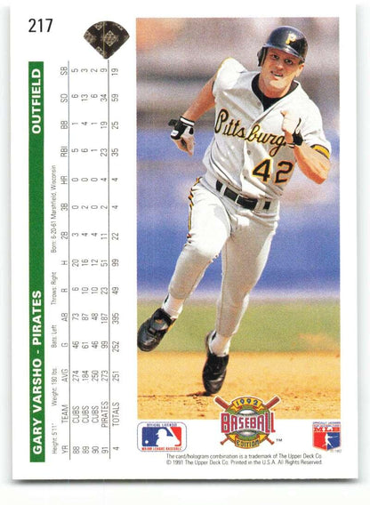 1992 Upper Deck #217 Gary Varsho NM-MT Pittsburgh Pirates Baseball Card Image 2