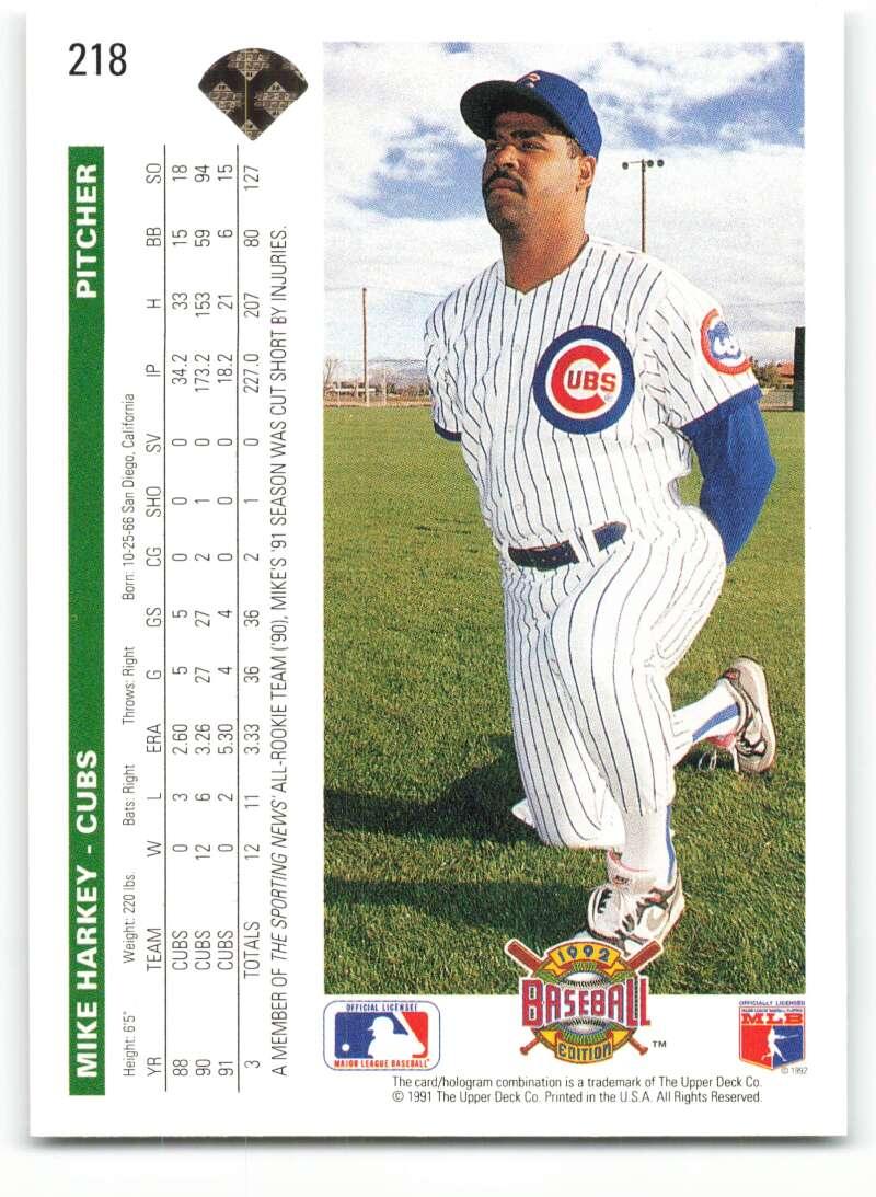 1992 Upper Deck #218 Mike Harkey NM-MT Chicago Cubs Baseball Card Image 2