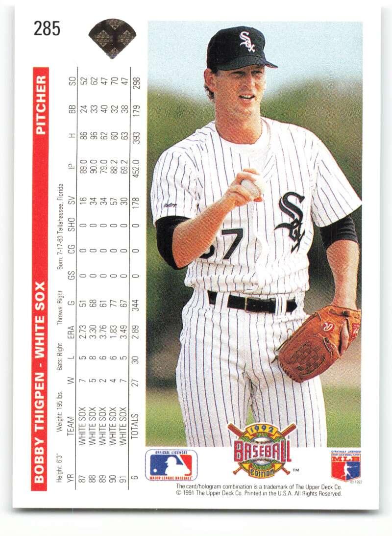 1992 Upper Deck #285 Bobby Thigpen NM-MT Chicago White Sox Baseball Card Image 2