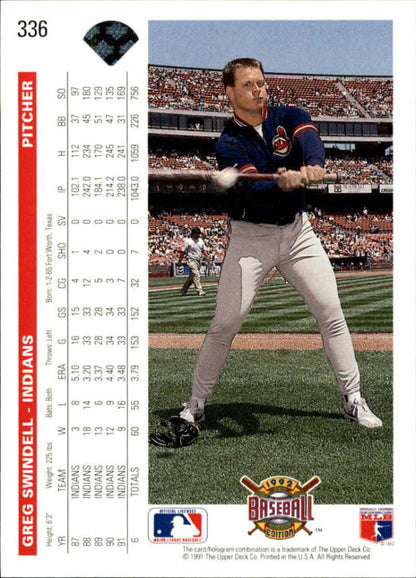 1992 Upper Deck #336 Greg Swindell NM-MT Cleveland Indians Baseball Card Image 2