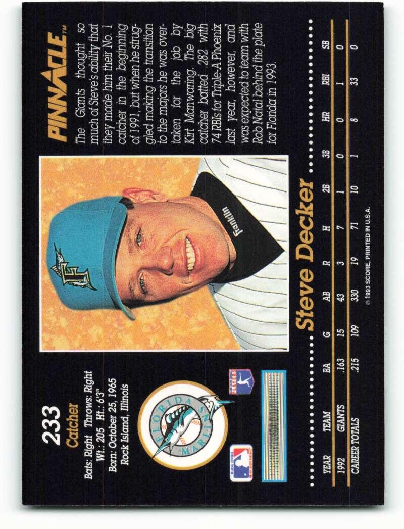 1993 Pinnacle #233 Steve Decker NM-MT Florida Marlins Baseball Card Image 2