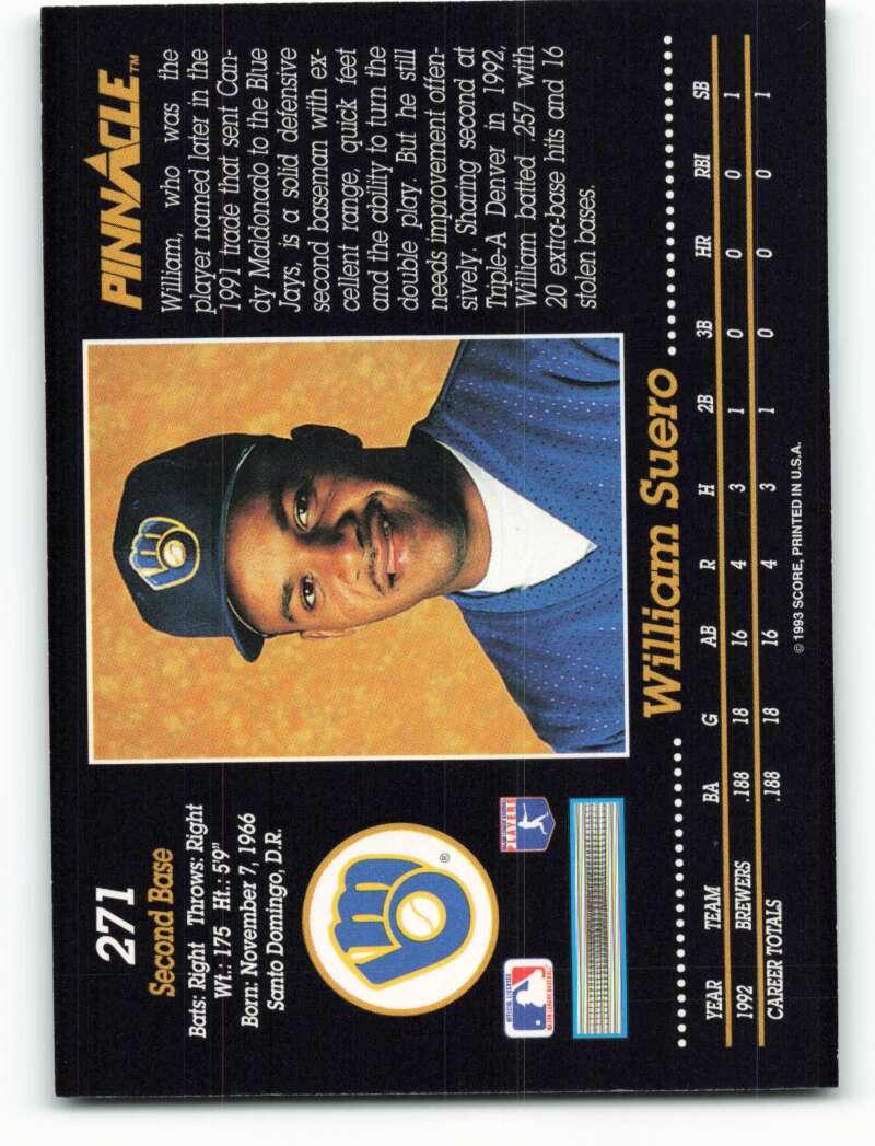 1993 Pinnacle #271 William Suero NM-MT Milwaukee Brewers Baseball Card Image 2