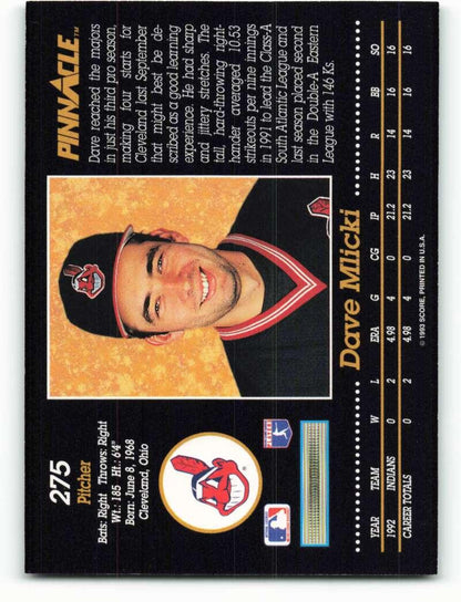 1993 Pinnacle #275 Dave Mlicki NM-MT Cleveland Indians Baseball Card Image 2