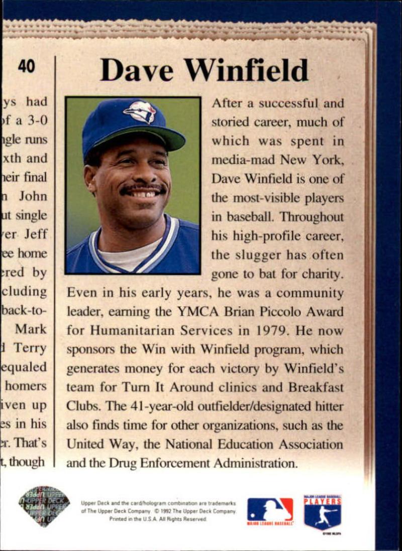 1993 Upper Deck #40 Dave Winfield VG Toronto Blue Jays Baseball Card Image 2