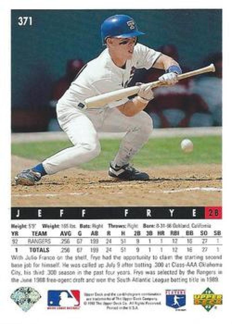 1993 Upper Deck #371 Jeff Frye VG Texas Rangers Baseball Card Image 2