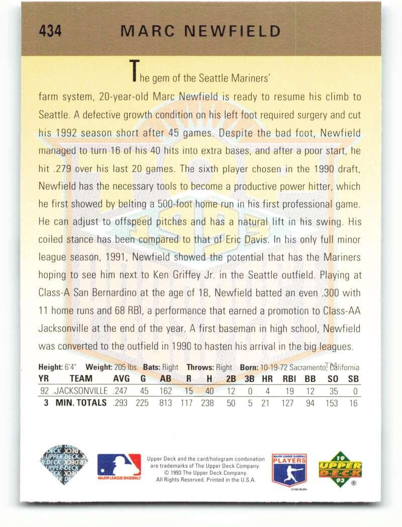 1993 Upper Deck #434 Marc Newfield VG Seattle Mariners Baseball Card Image 2