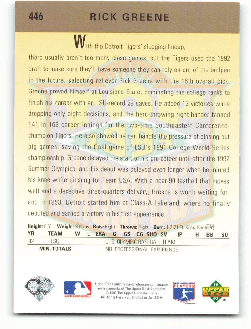 1993 Upper Deck #446 Rick Greene VG Detroit Tigers Baseball Card Image 2