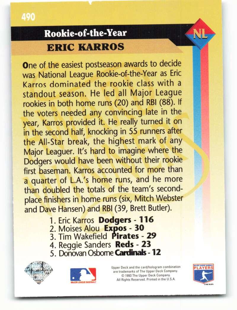 1993 Upper Deck #490 Eric Karros AW VG Los Angeles Dodgers Baseball Card Image 2