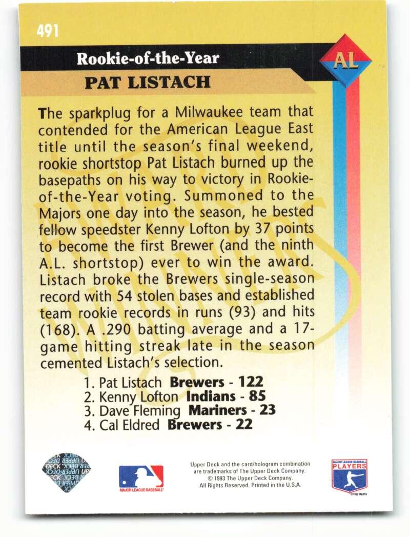 1993 Upper Deck #491 Pat Listach AW VG Milwaukee Brewers Baseball Card Image 2