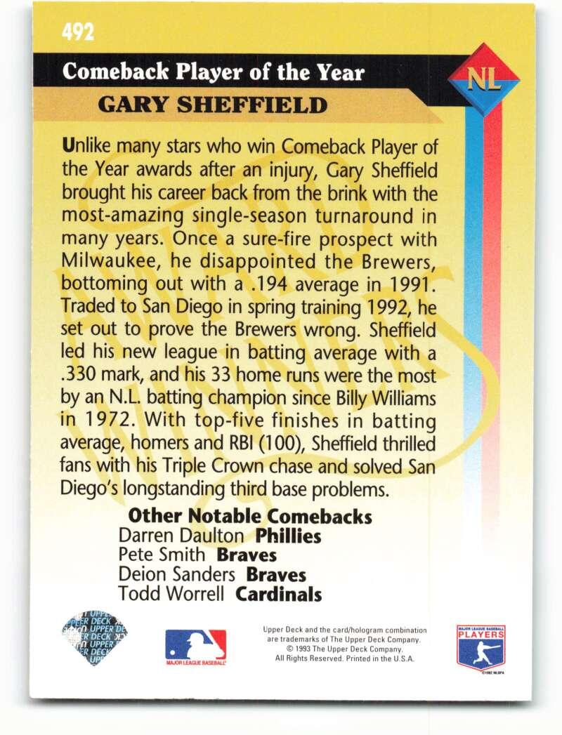 1993 Upper Deck #492 Gary Sheffield AW VG San Diego Padres Baseball Card Image 2