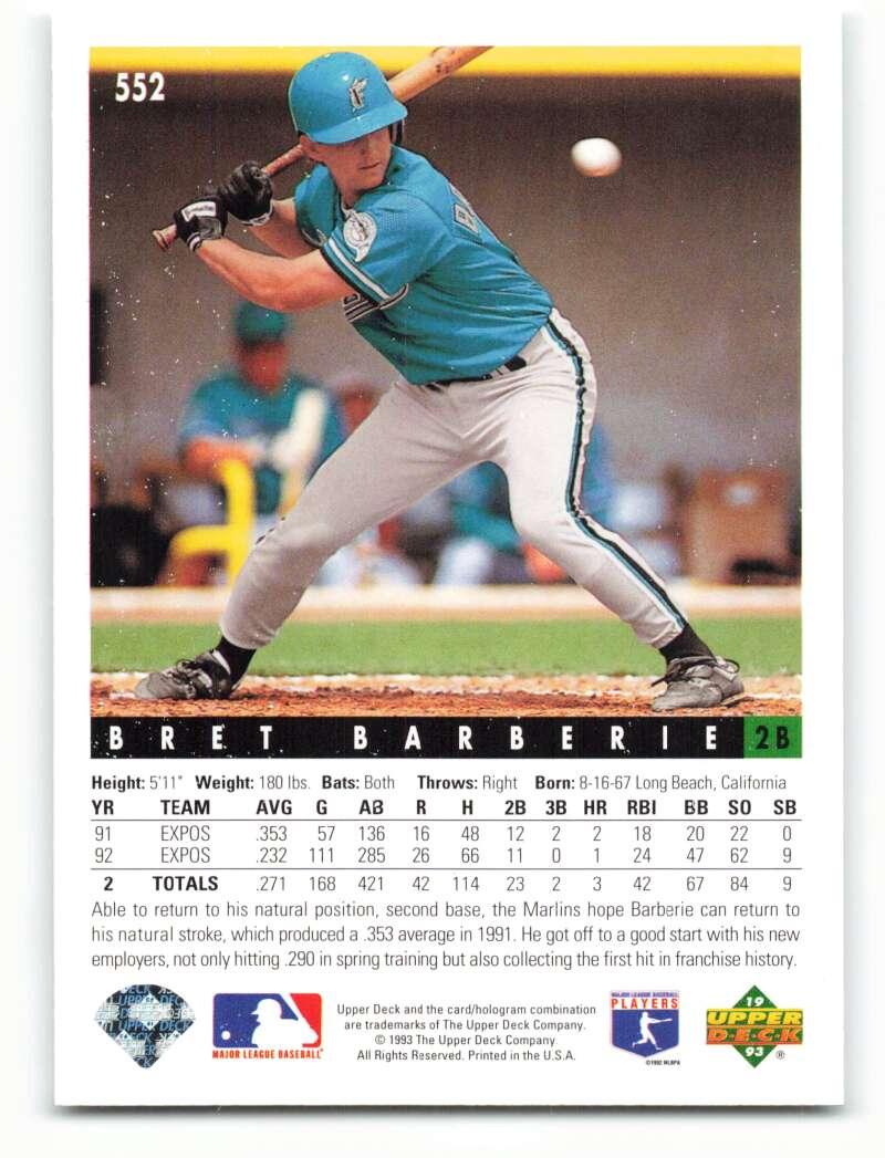 1993 Upper Deck #552 Bret Barberie VG Florida Marlins Baseball Card Image 2